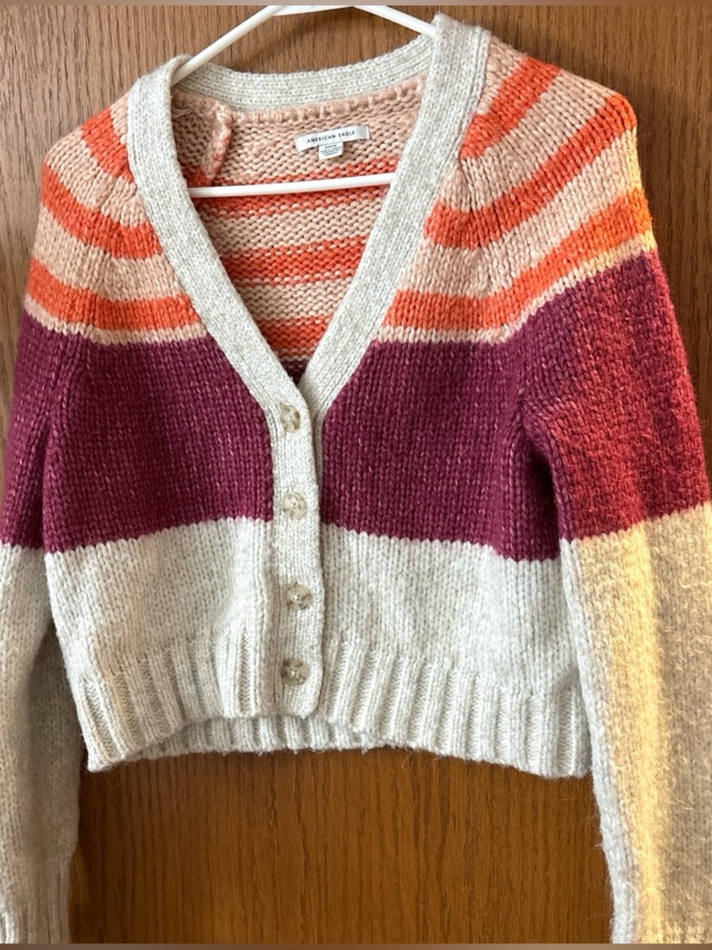 American Eagle Outfitters Cropped V-Neck Striped Cardigan - Cream, Coral, Berry